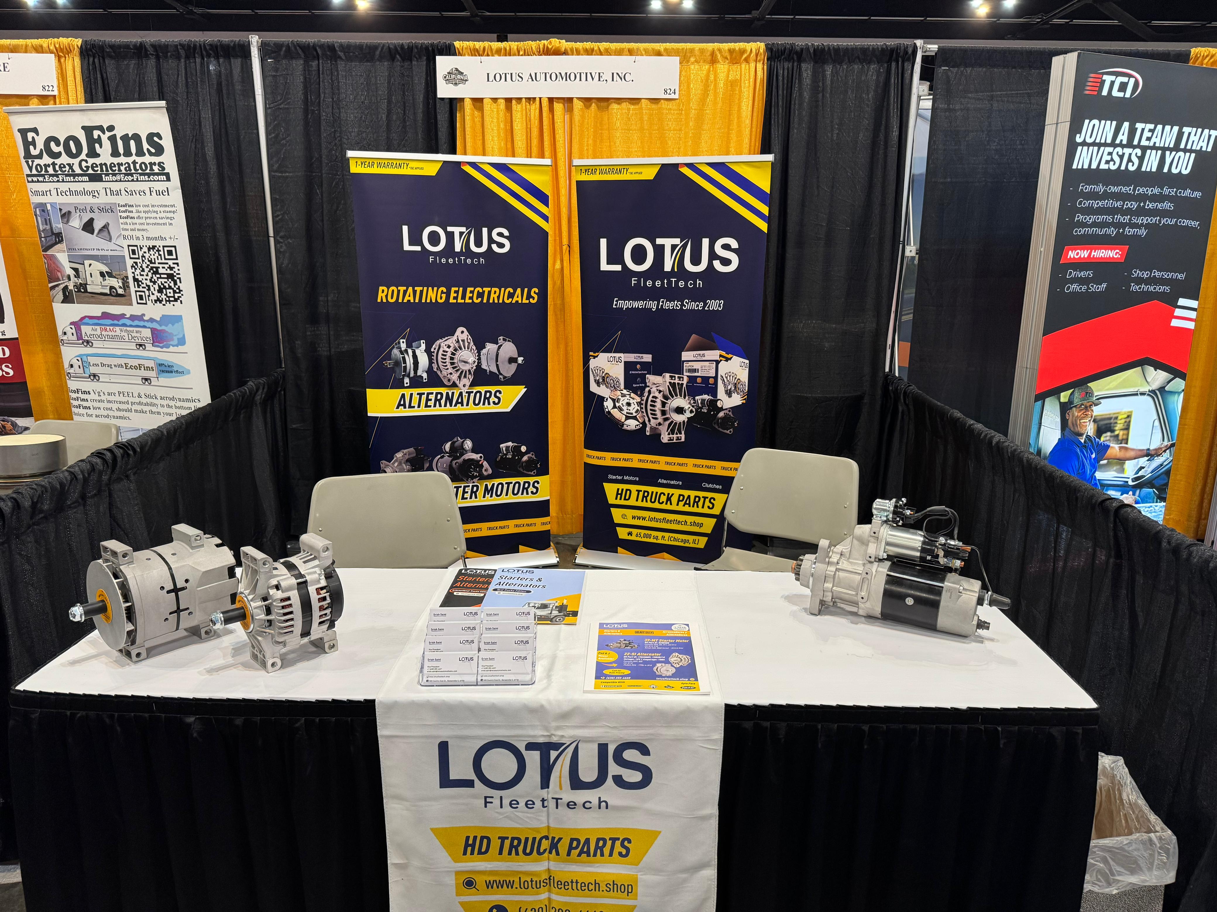 Lotus FleetTech booth — alternators and starter motors display
